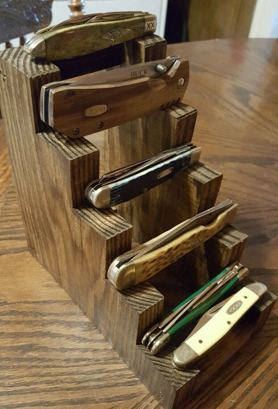 Knife Stand Display Handcrafted Wooden Case Buck Holds 5 to 10 Medium to Large 