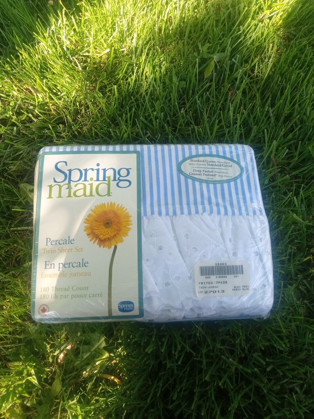  Vintage Springmaid Percale Twin Flat & Fitted Sheet & Pillow Case NOS Blue Whit
