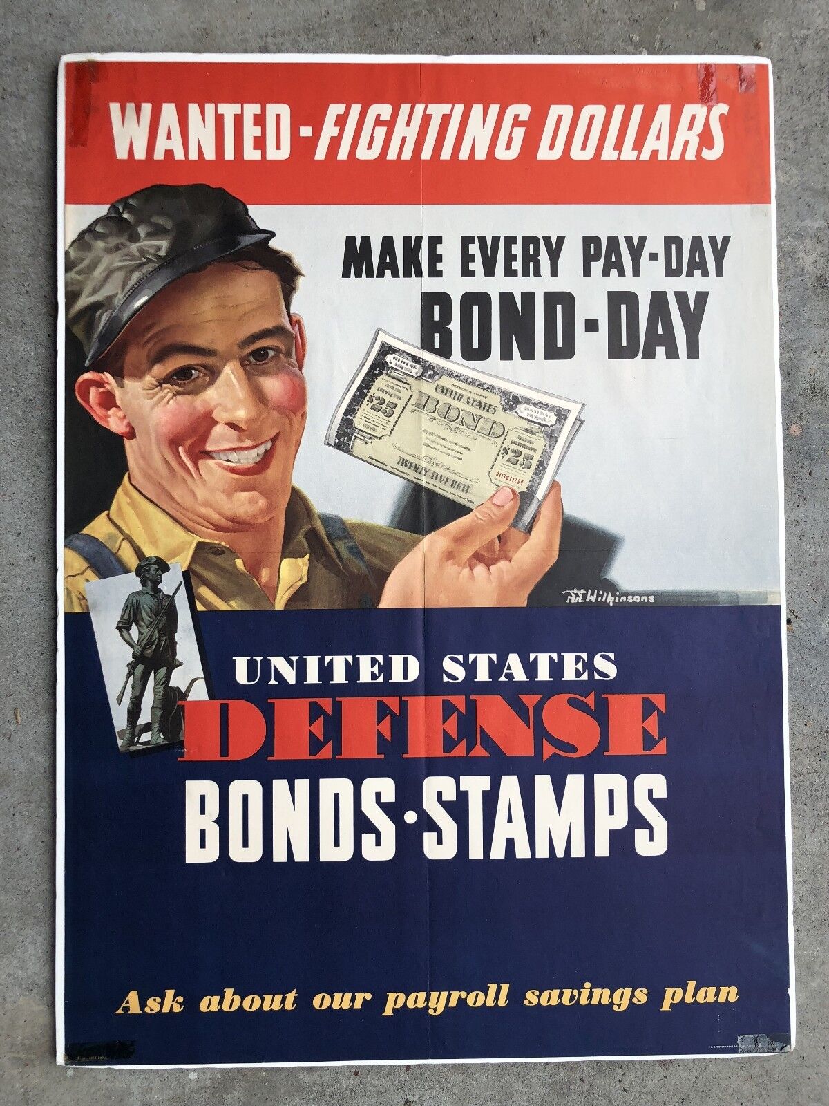 Authentic 1942 WWII Poster -Wanted Fighting Dollars Buy Defense Bonds and Stamps