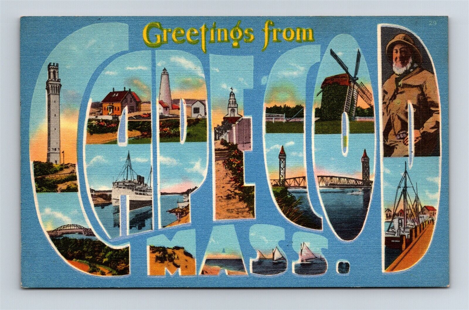 Postcard MA Large Letter Greetings From Cape Cod Massachusetts c1940s Linen AI3