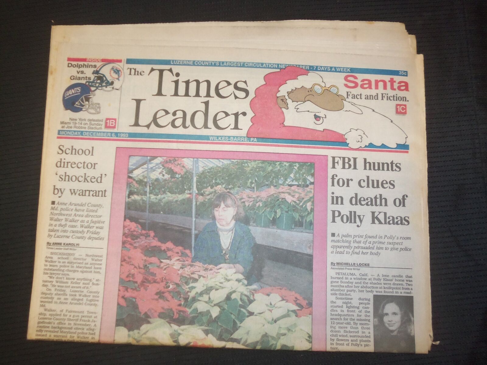 1993 DEC 6 WILKES-BARRE TIMES LEADER-FBI CLUES IN DEATH OF POLLY KLAAS - NP 7552