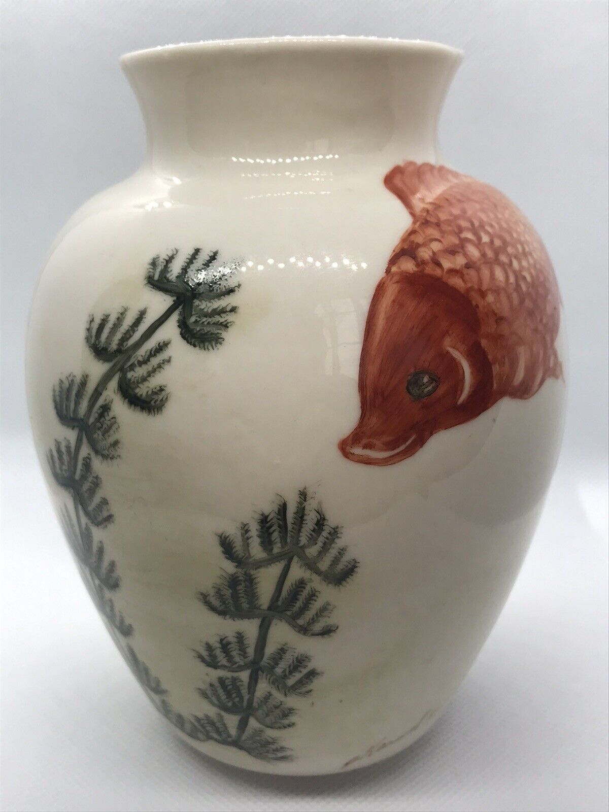 Vintage Asian Hand painted Koi Vase Signed P. Karmal 81 Porcelain Very Rare 6”