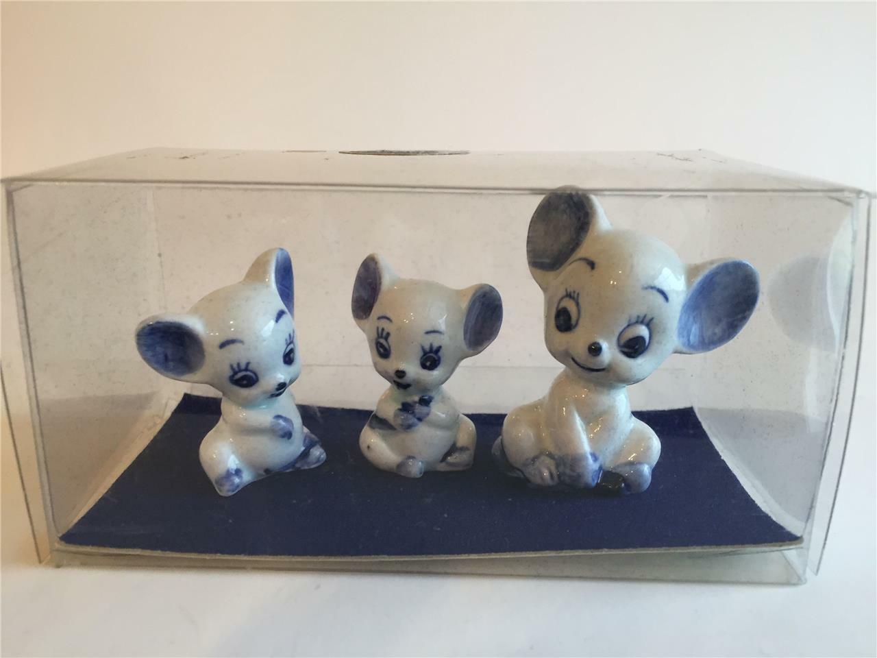 Vintage BOMA Delft Blue Blauw Holland Mice Mouse Set of 3 in Box NEW Miniature