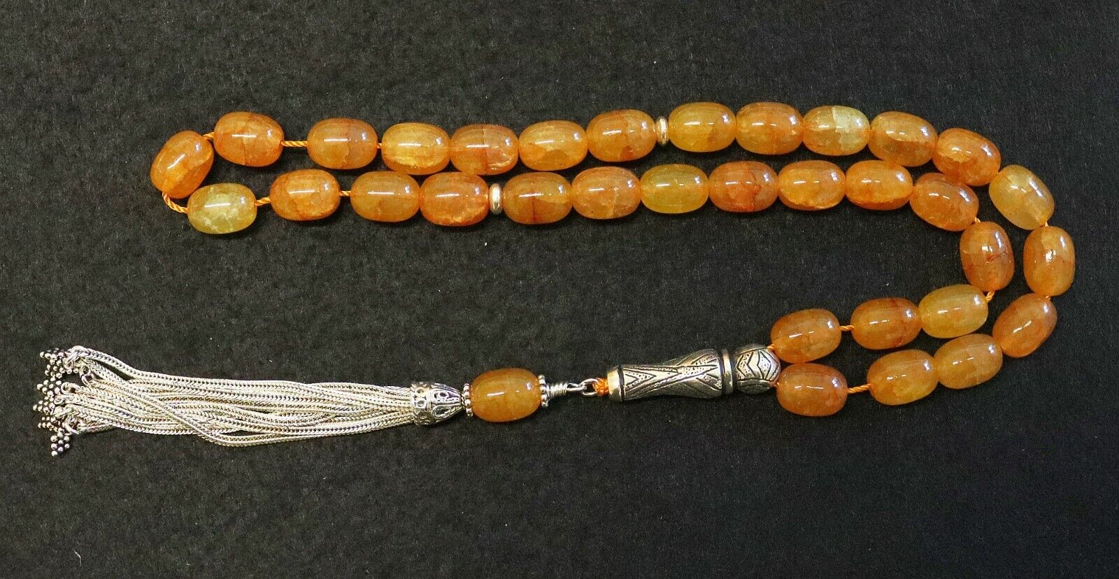 Luxury Tesbih Rosary  Amber Color Crackled Barrel Agate & Sterling Collector\'s
