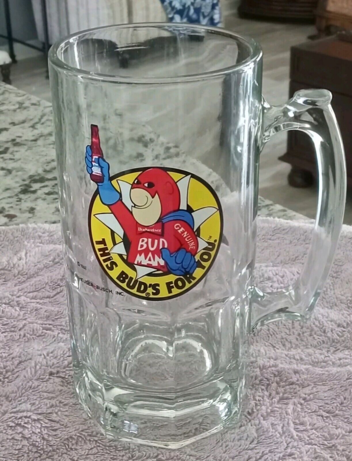 Vintage 1988 Genuine Bud Man Budweiser 32oz Beer Glass Mug This Bud’s For You