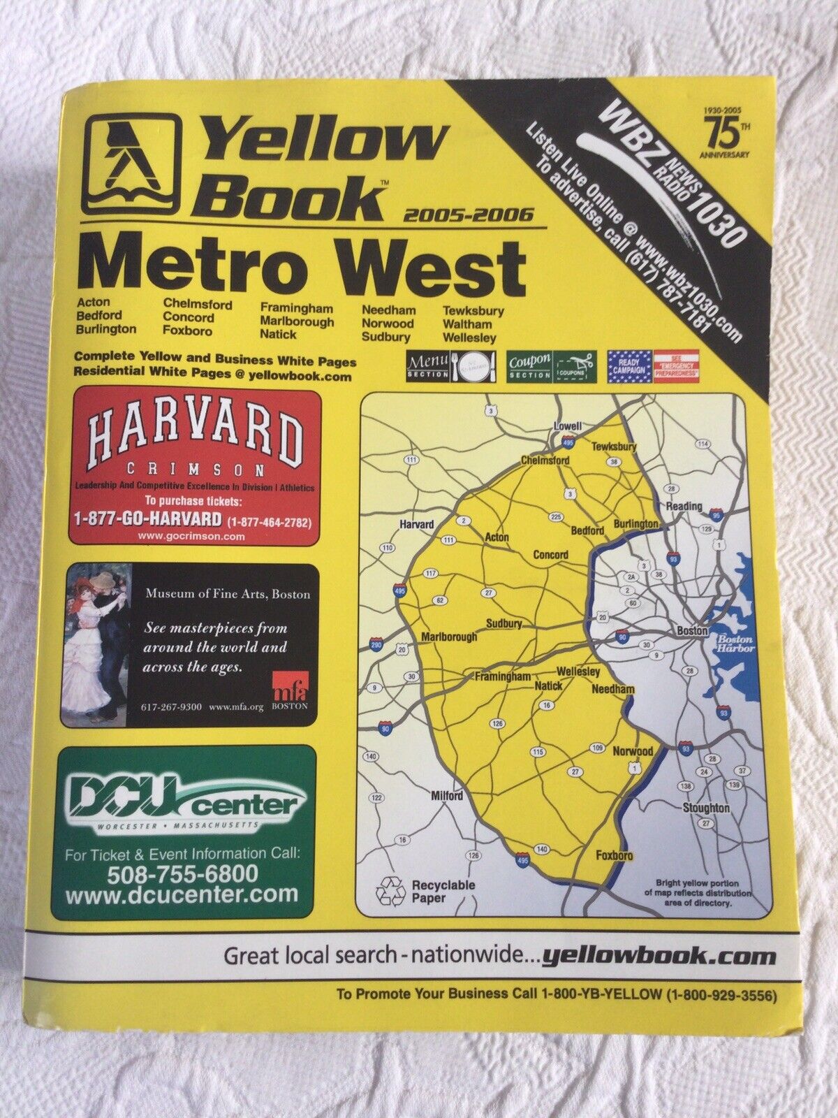 2005 06 Yellow Book Over 1000 Pages METRO WEST of BOSTON MA Telephone Directory