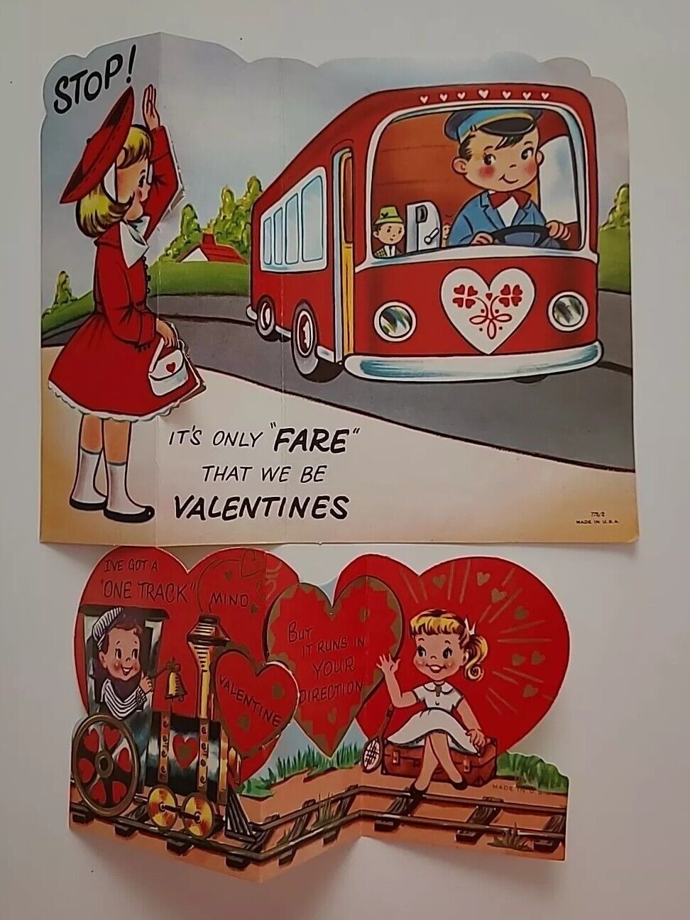 2 UNUSED Fold Out VALENTINE CARDS  BUS It\'s Only FARE & TRAIN Got One Track Mind