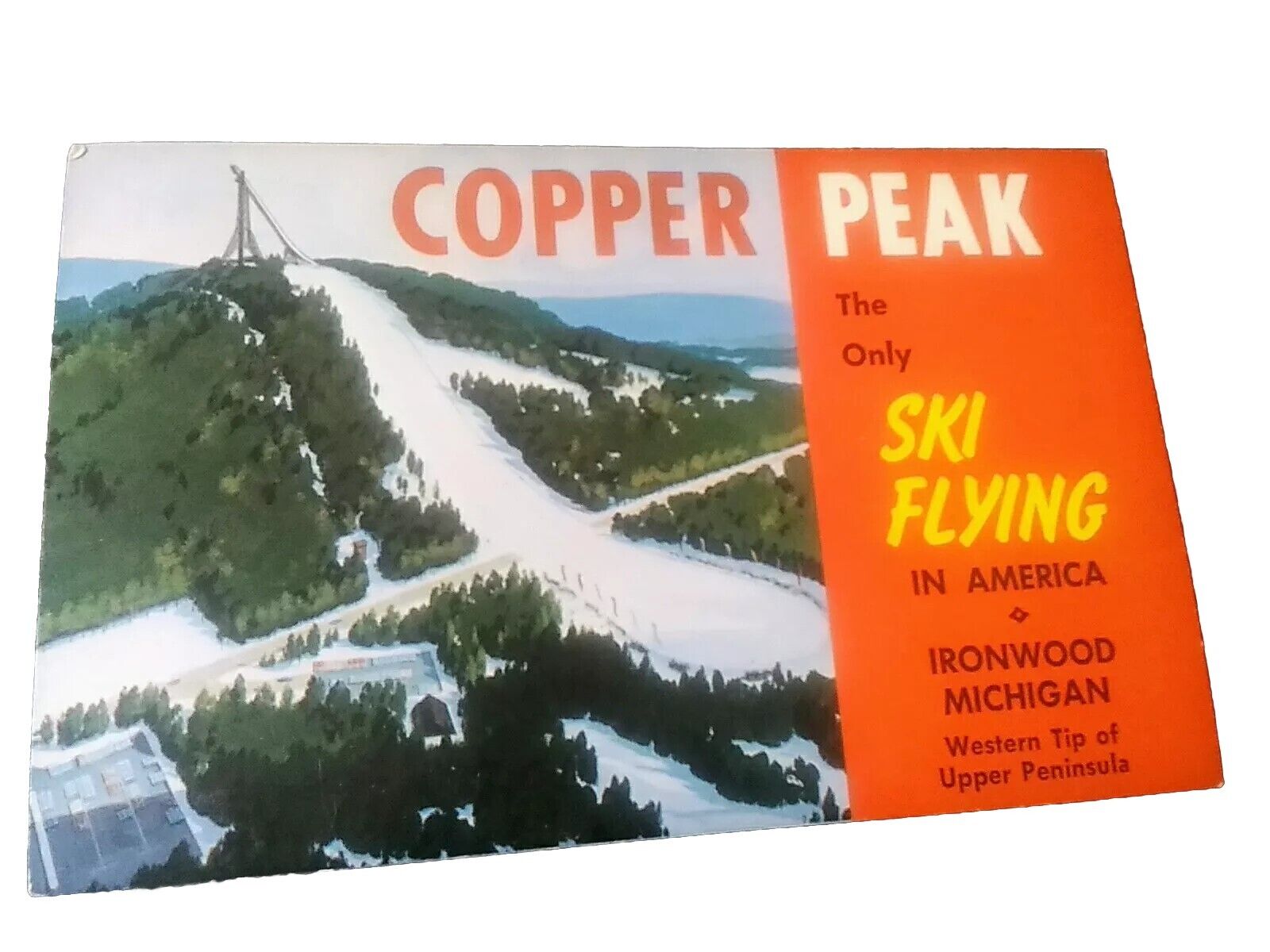 POSTCARD IRONWOOD MICHIGAN 1960s SKI FLYING TOWER, COPPER PEAK