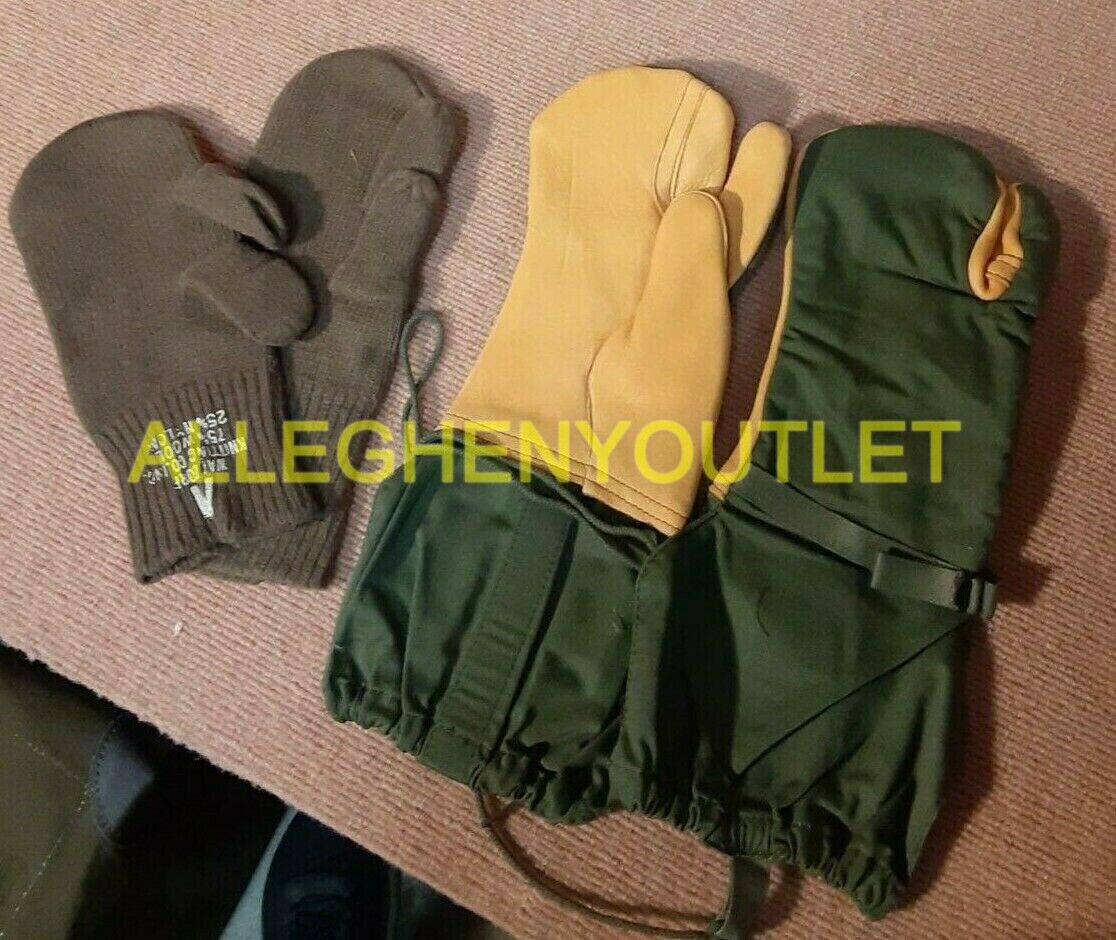 MILITARY TRIGGER FINGER LEATHER COLD WEATHER MITTENS W/L WOOL INSERTS Size M LN