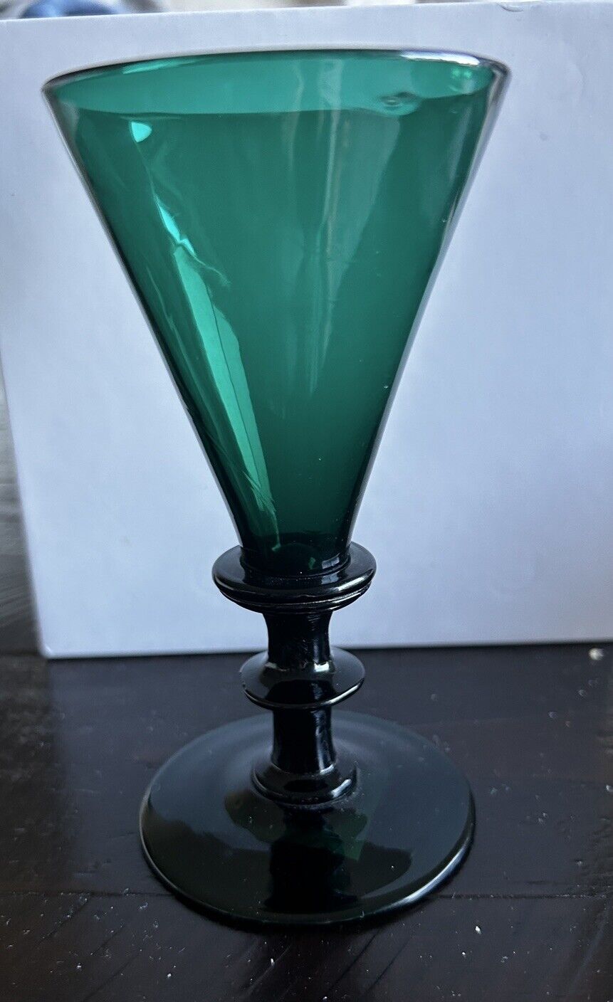 One elegant, antique 18th C. Bristol Wine Glass, blue green / Handmade/Mint Cond