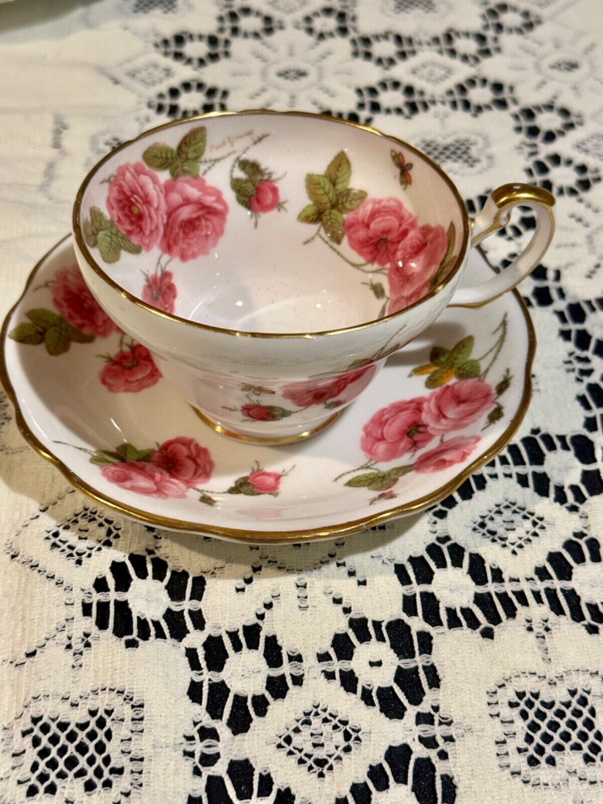 Vintage Foley CENTURY ROSE with BEE Signed Paul Granet Teacup Saucer ENGLAND HP