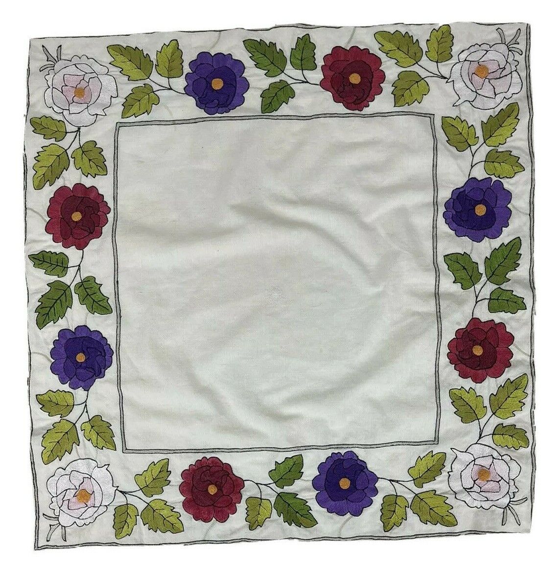 Vintage Linen Table Cover Multi Color Floral Hand Embroidered 27x27in.
