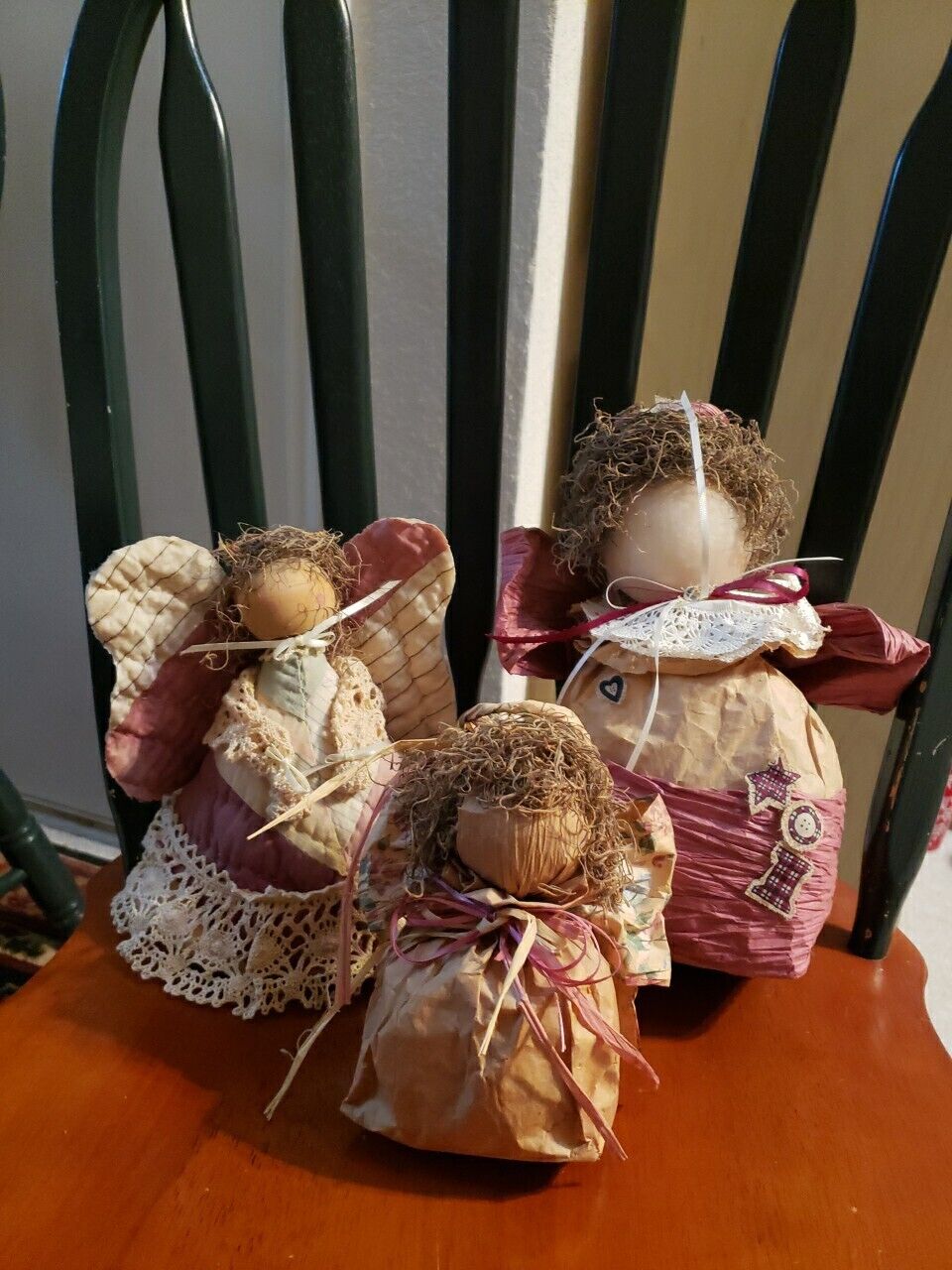 Vintage Paper & Fabric Primitive Angel Dolls Handmade Lot of 3