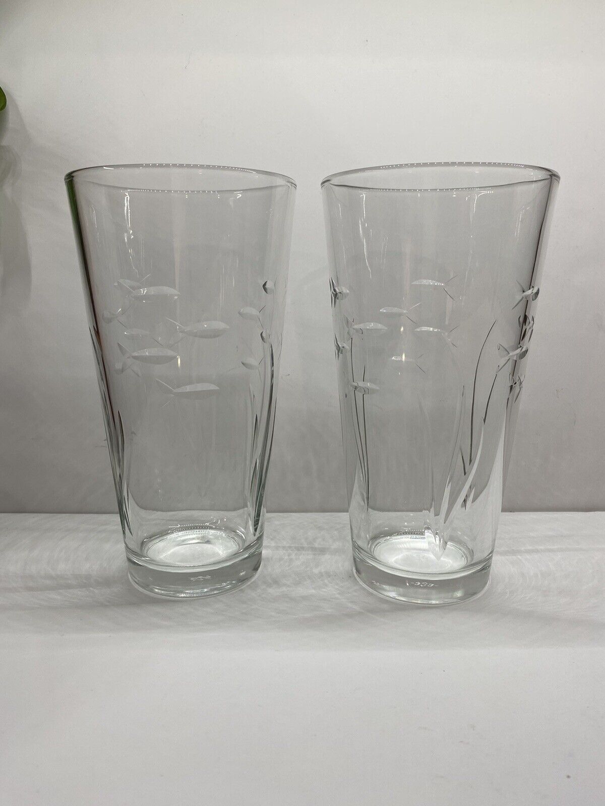 2 Cooler Glasses With Etched Fish Seaweed || Ocean Coastal Theme 20 Oz 6.75”