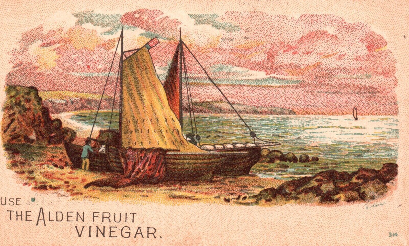 1880s-90s Sail Boat Ocean Alden Fruit Vinegar HC Ackmann Staple Fancy Trade Card