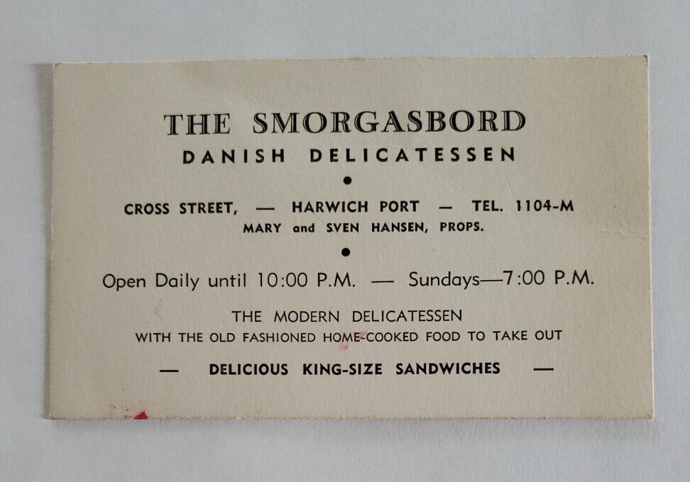 VINTAGE 1930s ADVERTISING CARD: THE SMORGASBORD DANISH DELICATESSEN HARWICH, MA
