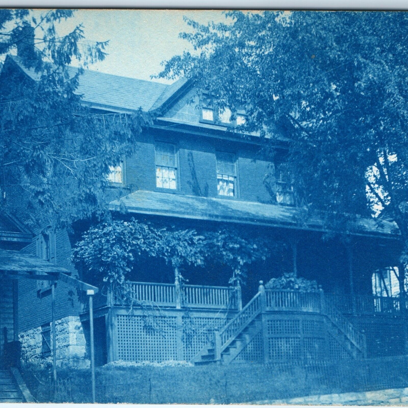 c1900s Large House CYANOTYPE RPPC Blue Real Photo UDB PC Main St Victorian A173