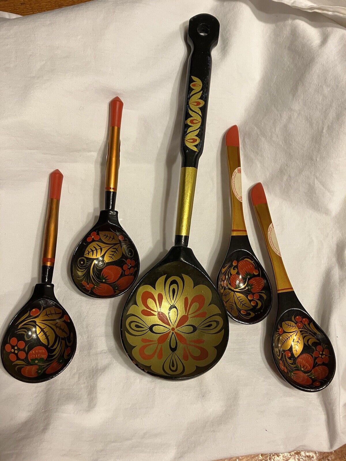 5 Russian Folk Art Hand Painted Spoons Floral Decorated 1-12” & 4-7 1/2”