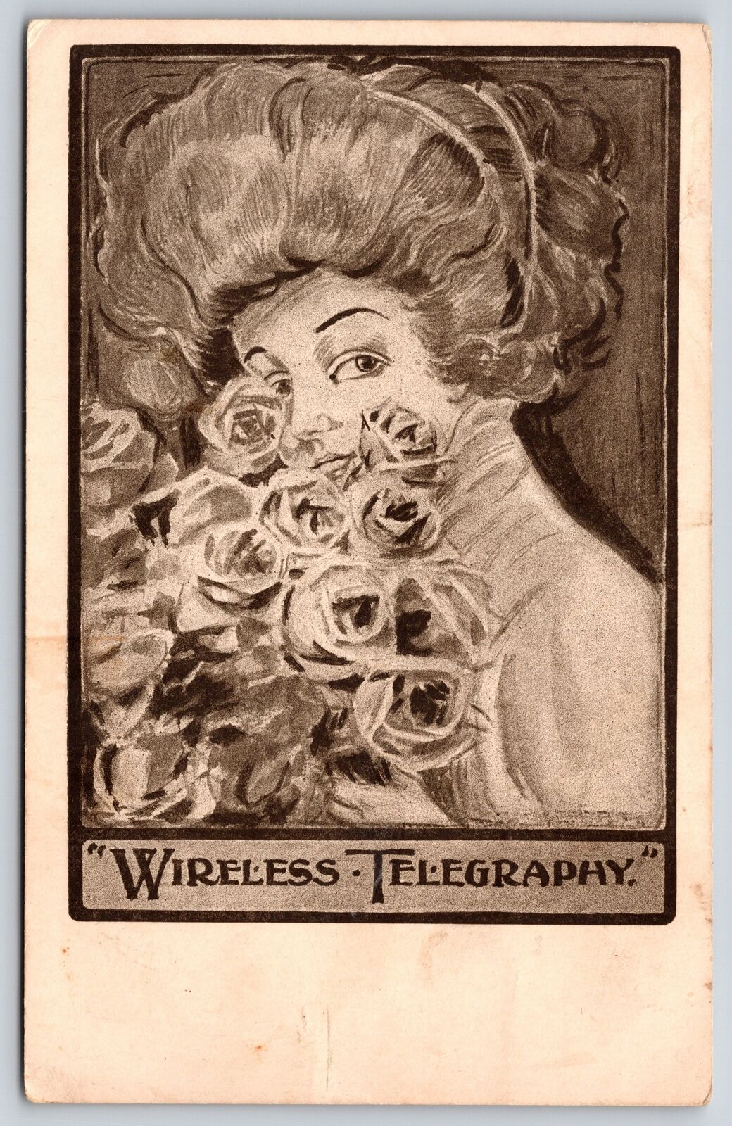Greetings~Wireless Telegraphy~Pretty Lady with Roses~1909 Postcard