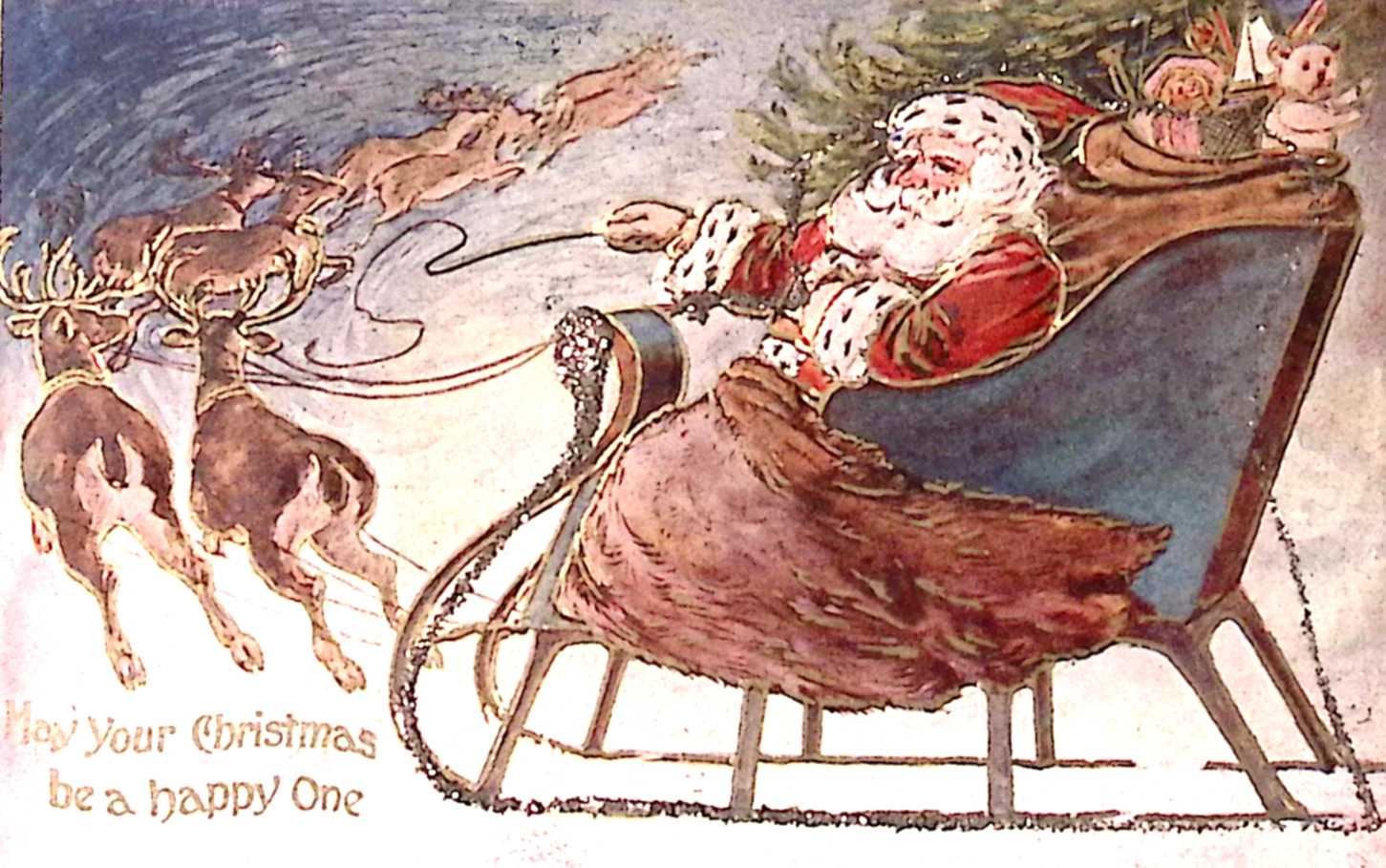 c1925 GLITTER Christmas Postcard Santa Rides in Blue Sleigh Uses Fur Blanket
