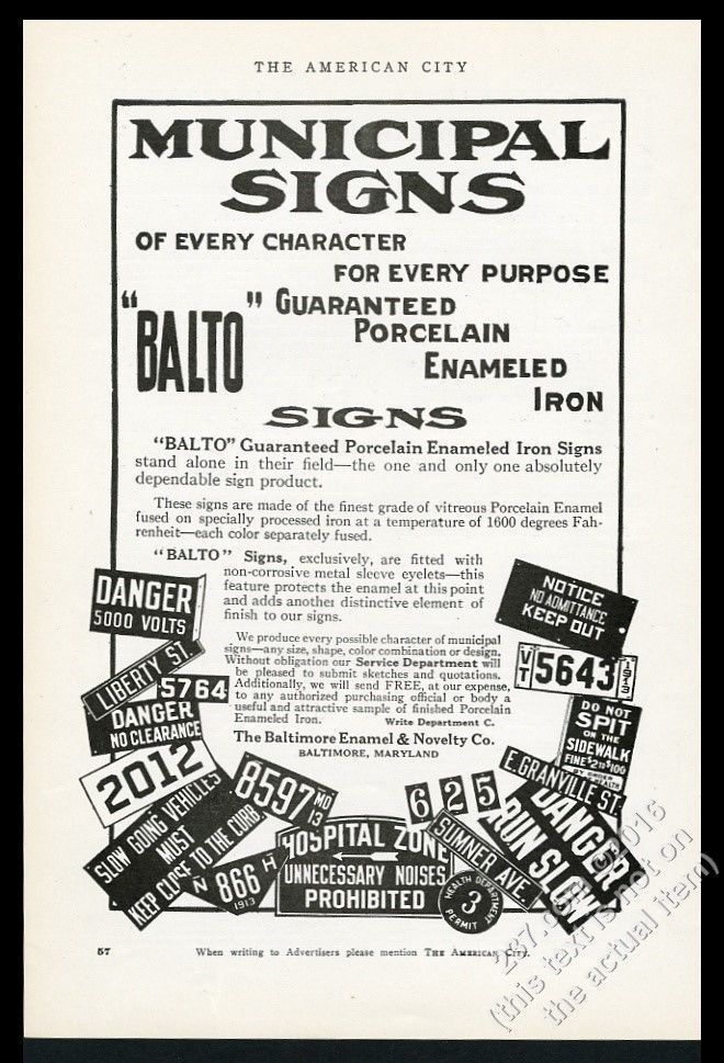 1916 Baltimore Enamel & Novelty Co Balto street sign variety pix trade print ad