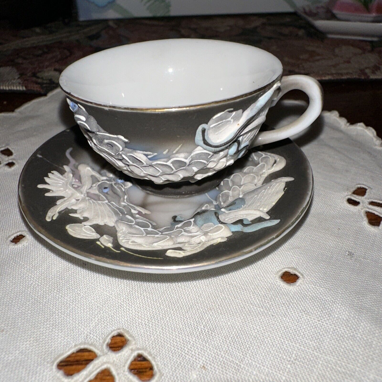 Miniature Gray Blue & White Dragonware Moriage Cup & Saucer