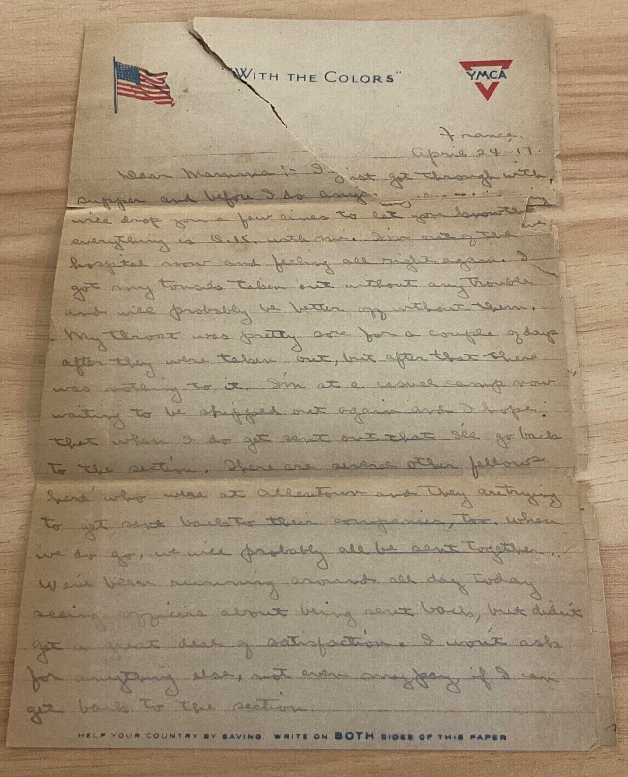 WWI AEF letter US Ambulance Service Sec. 583 out of hospital, raising a mustache