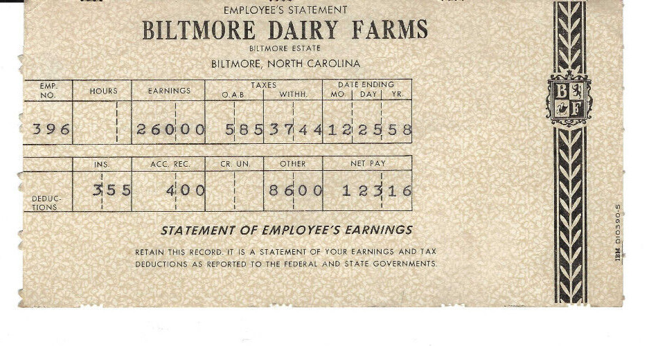VINTAGE 1958 BILTMORE DAIRY FARMS EMPLOYEES PAY STATEMENT  BILTMORE ESTATE, NC