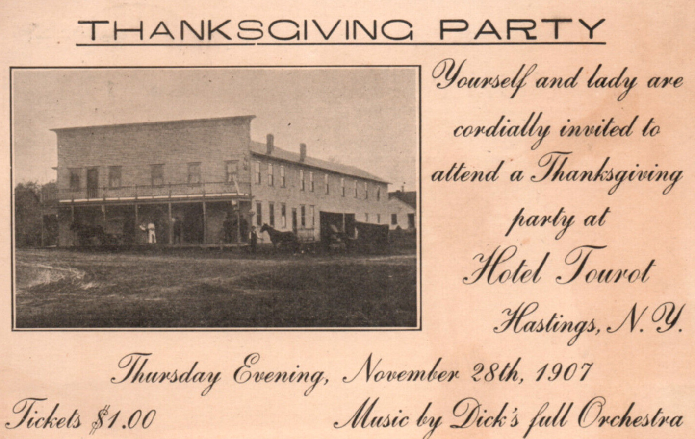 Hastings New York Hotel Tourot Party Orchestra Thanksgiving Postcard 1907