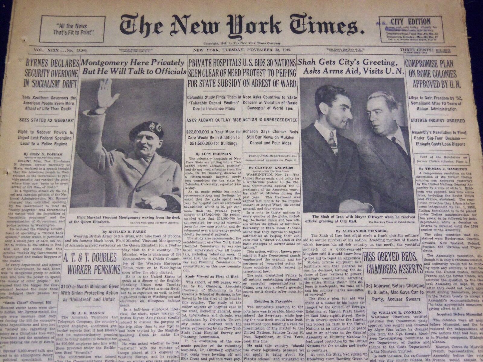 1949 NOVEMBER 22 NEW YORK TIMES - MONTGOMERY AND SHAH IN CITY - NT 3784