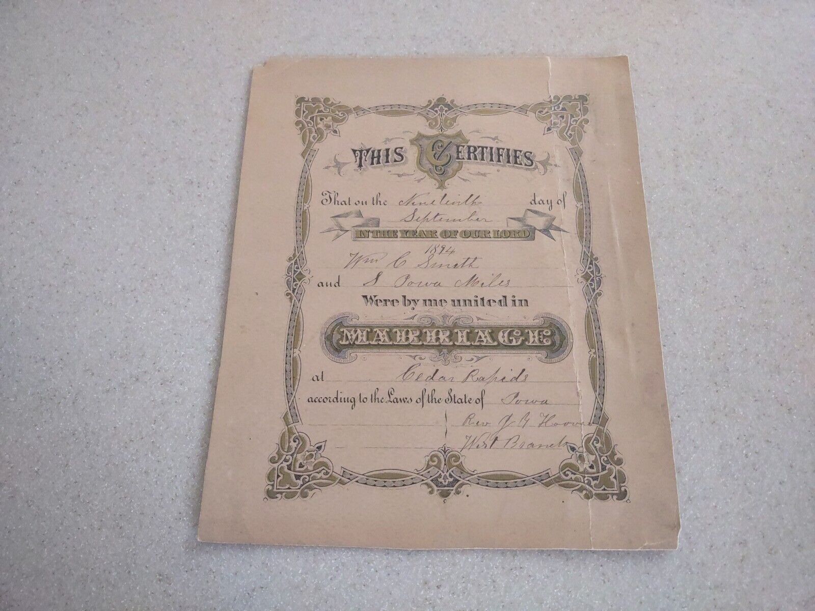 ORIGINAL VINTAGE 1894 MARRIAGE CERTIFICATE FROM CEDAR RAPIDS IOWA