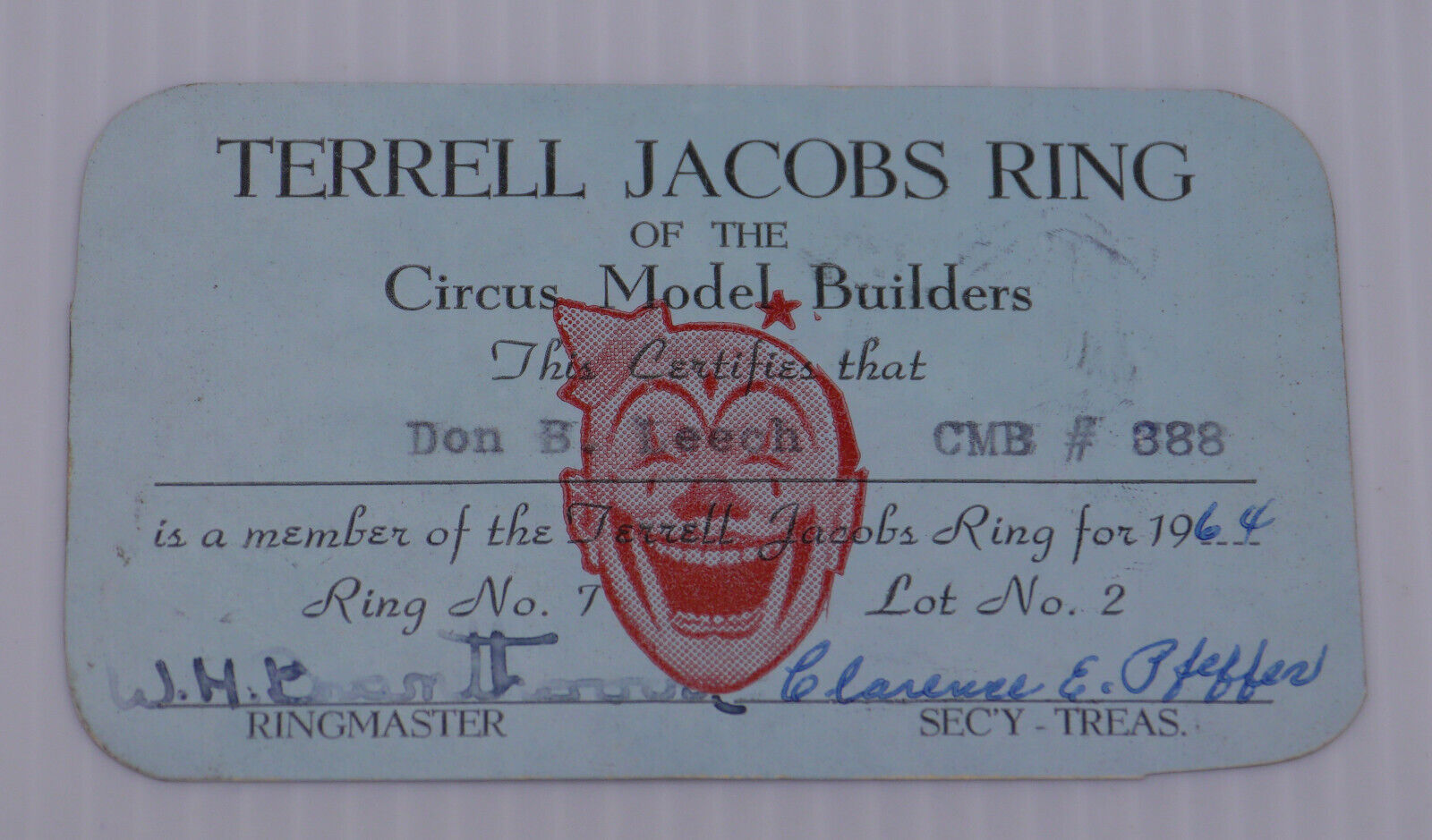 1964 CIRCUS MODEL BUILDERS MEMBERSHIP CARD, TERRELL JACOBS RING