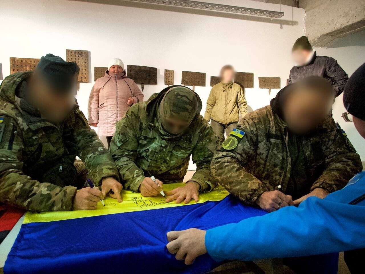 Ukraine Flag signed by Ukranian Armed Forces 53 brigade with patches