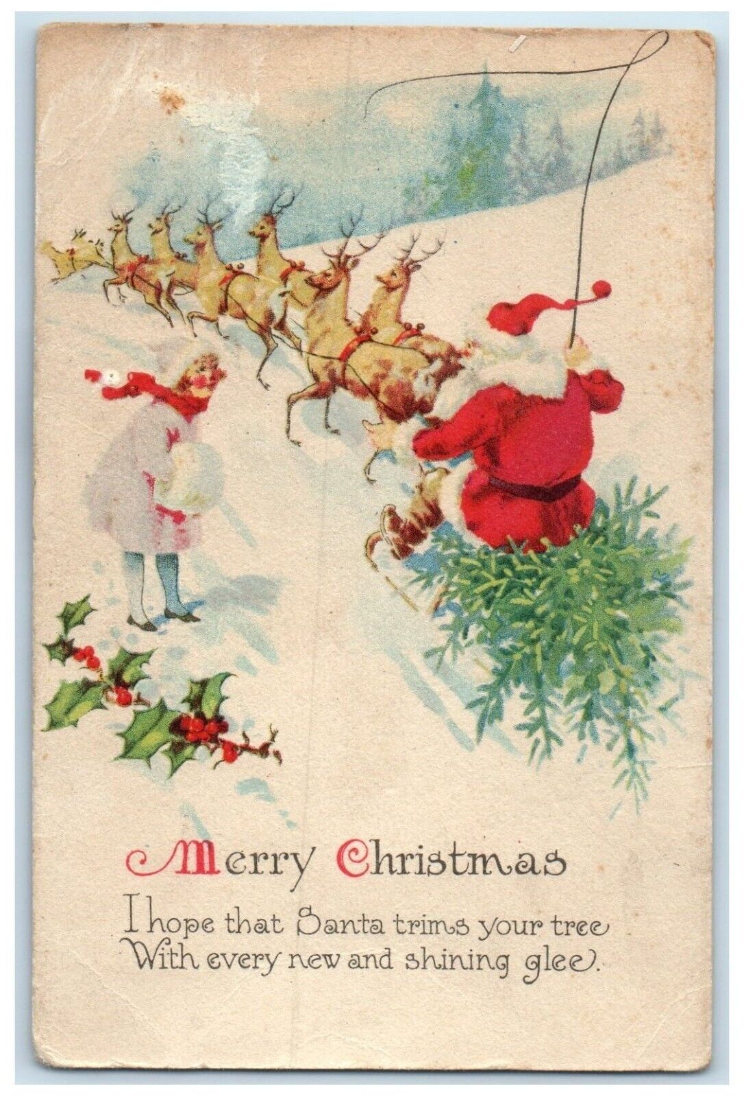 c1910's Christmas Santa Claus Sleigh Winter Scene Girl Handwarmer Postcard