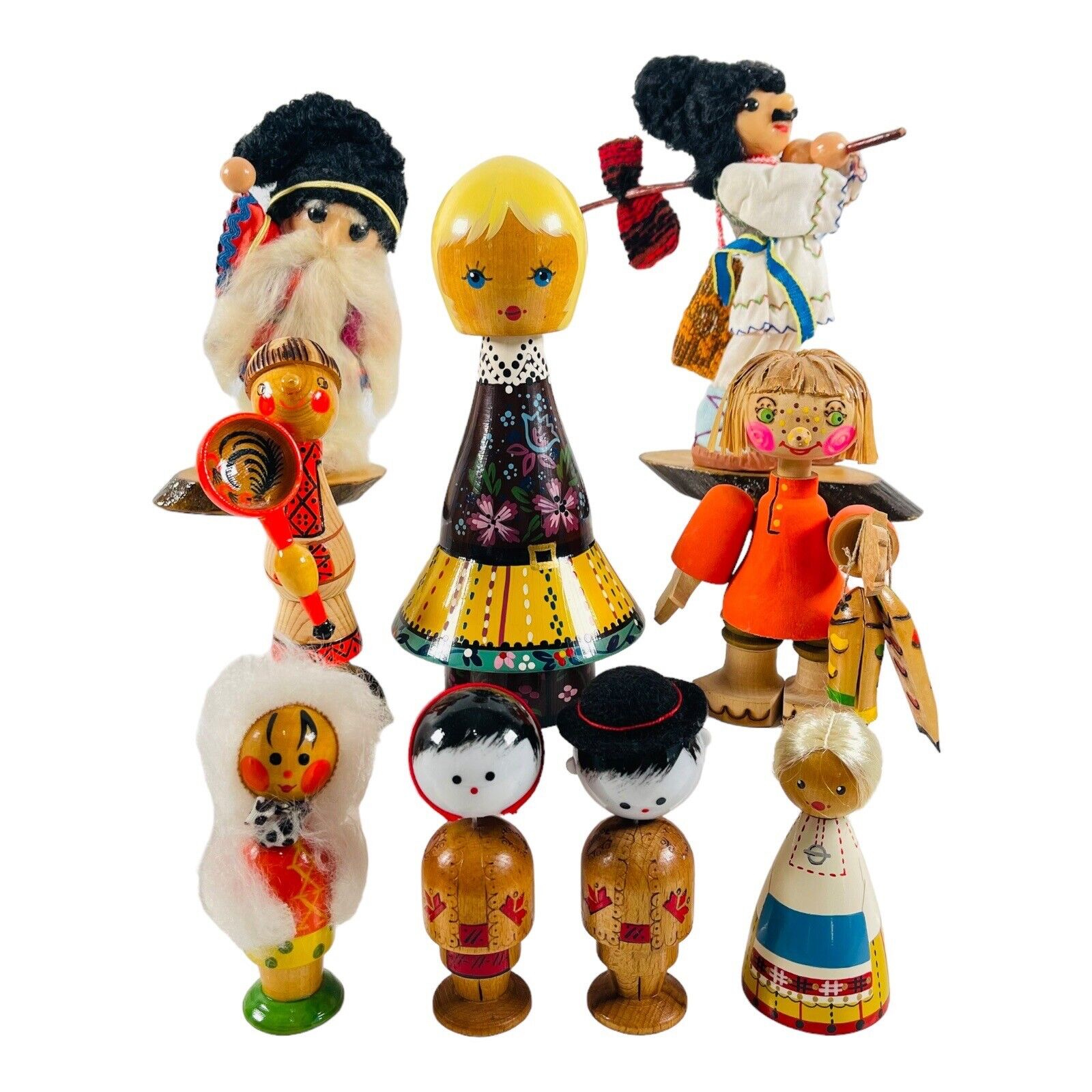 Russian Folk Art Wooden Dolls Beriozka Lot of 9 Figurines USSR Hand Painted VTG