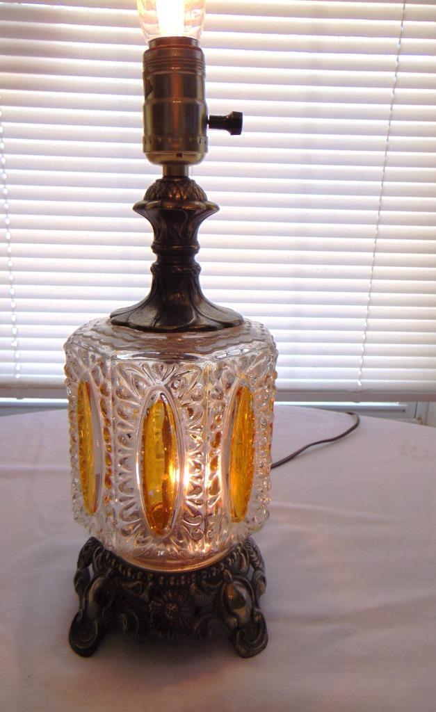 Antique Vtg 3 Way Clear/Amber Pressed Glass Metal Table Lamp Beautiful 13\