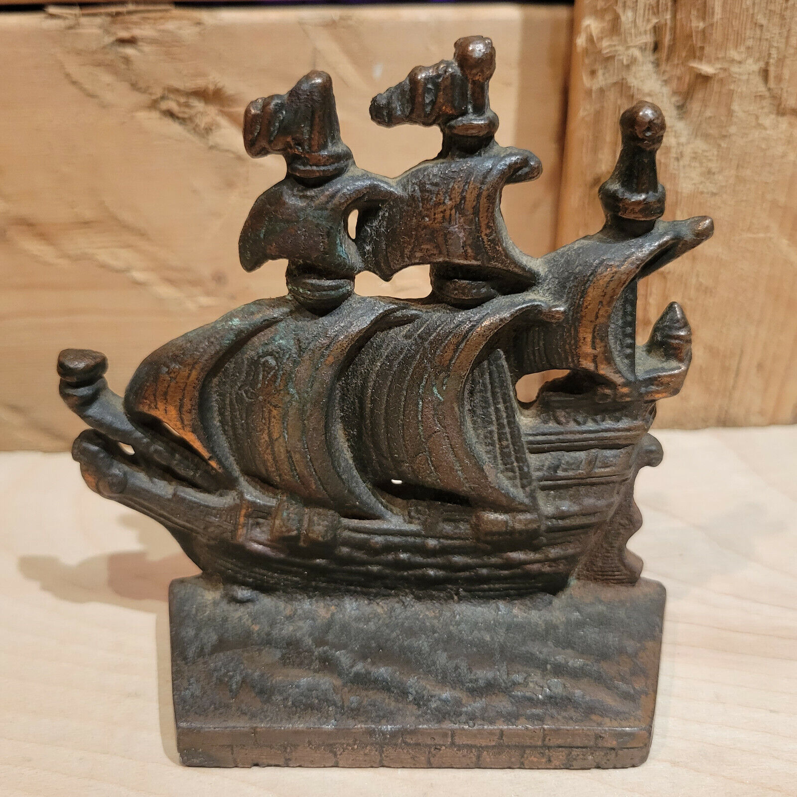 Copper Or Bronze Boat Pirate Ship Book End Paperweight Vintage 4.5\