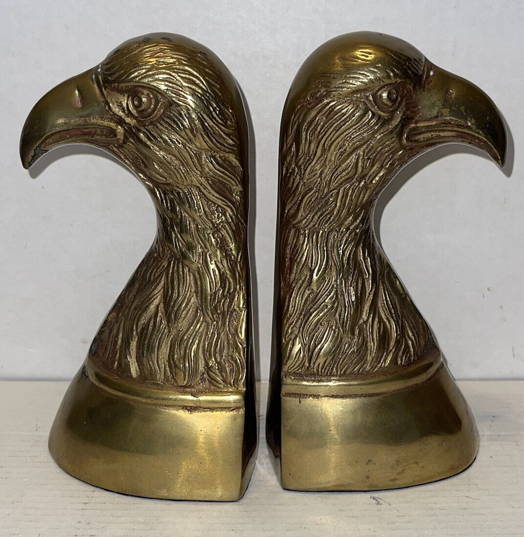 Pair Of Vintage Large Brass American Eagle Head Bookends