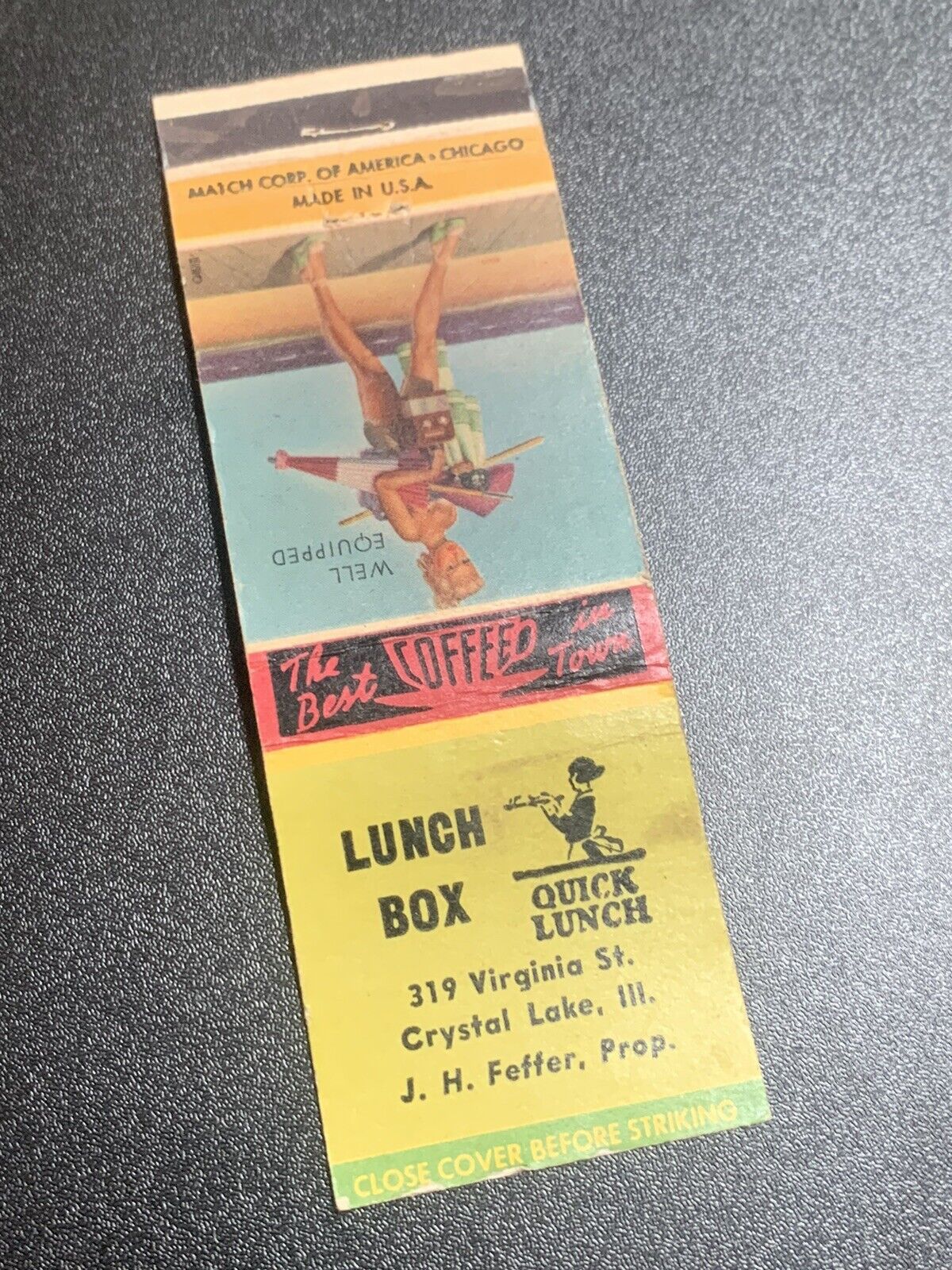 Vintage Girlie Matchbook: “Lunch Box - JH Fetter” Crystal Lake, Illinois