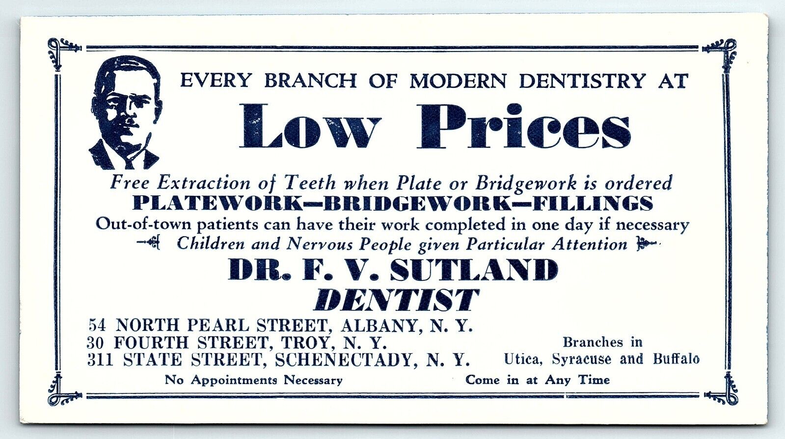 1920s SCHENECTADY NY DR F V SUTLAND DENTIST FILLINGS  AD INK BLOTTER Z1471