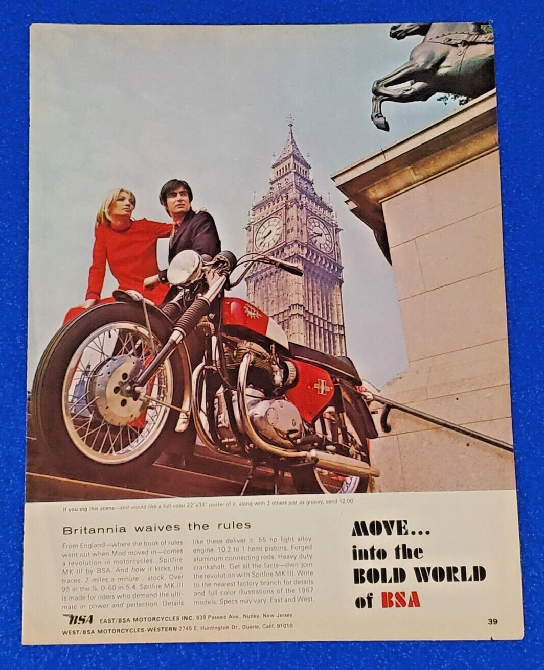 1966 BSA SPITFIRE MK-III MOTORCYCLE ORIGINAL COLOR PRINT AD SHIPS FREE - LOT RED