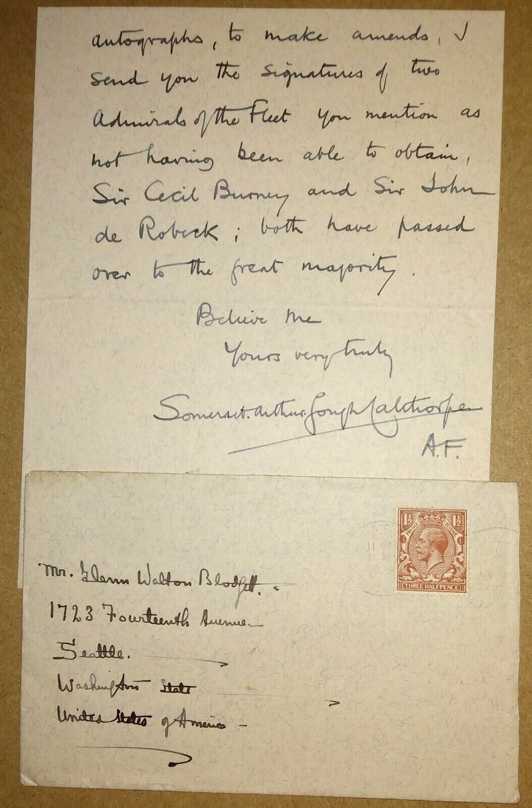 Admiral of the Fleet ~ Somerset Arthur Gough-Calthorpe (1864-1937) Signed Letter