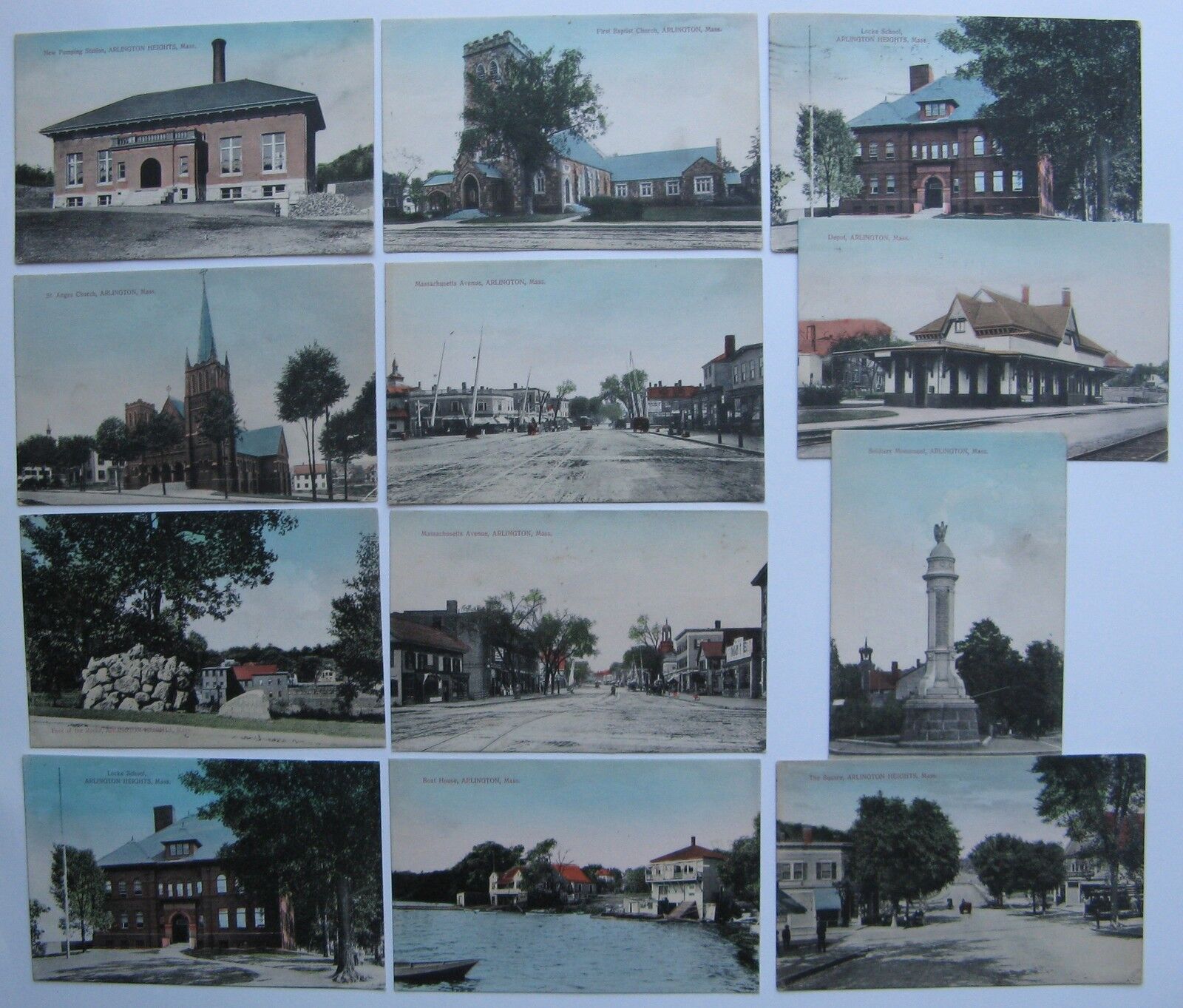 Set of 12 Arlington MA Sother-Mears Co. 1910 Postcards; Trolley, Moxie, Mass Ave