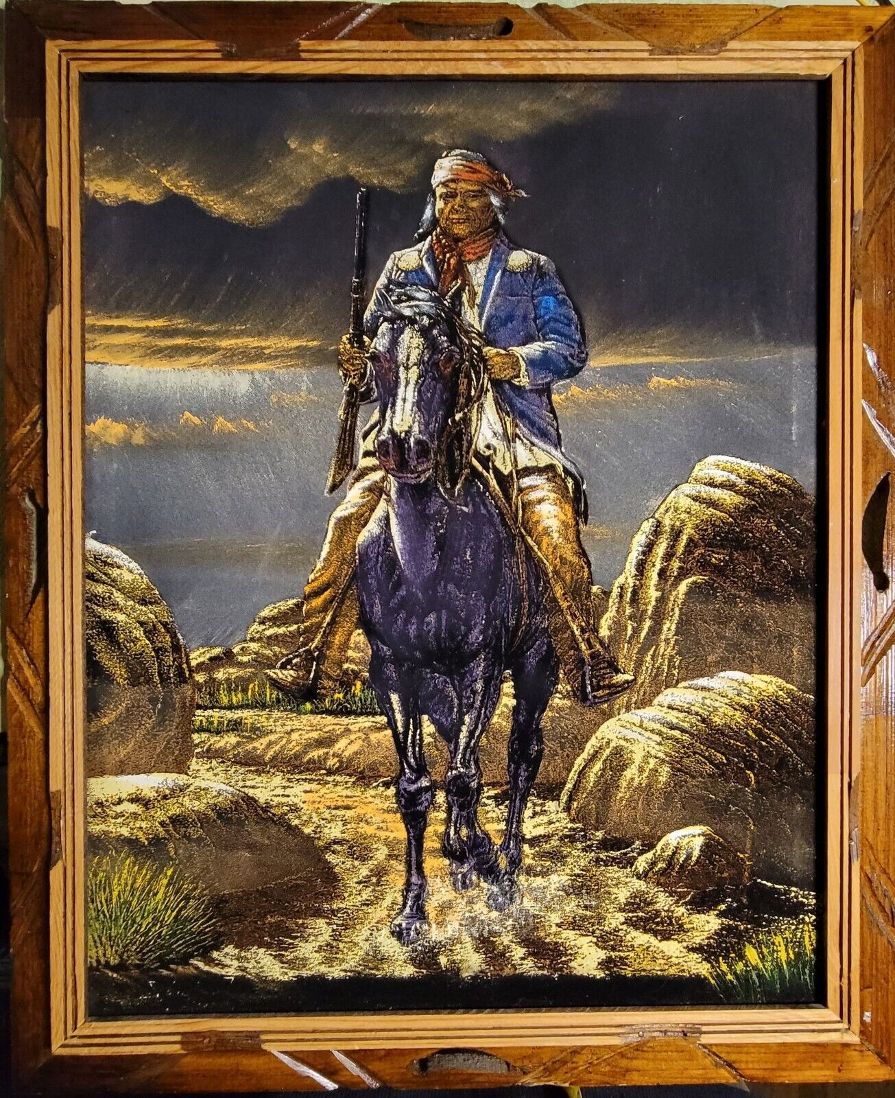 Vintage Native Indian Horseback Southwestern Mexico Black Velvet Framed Painting