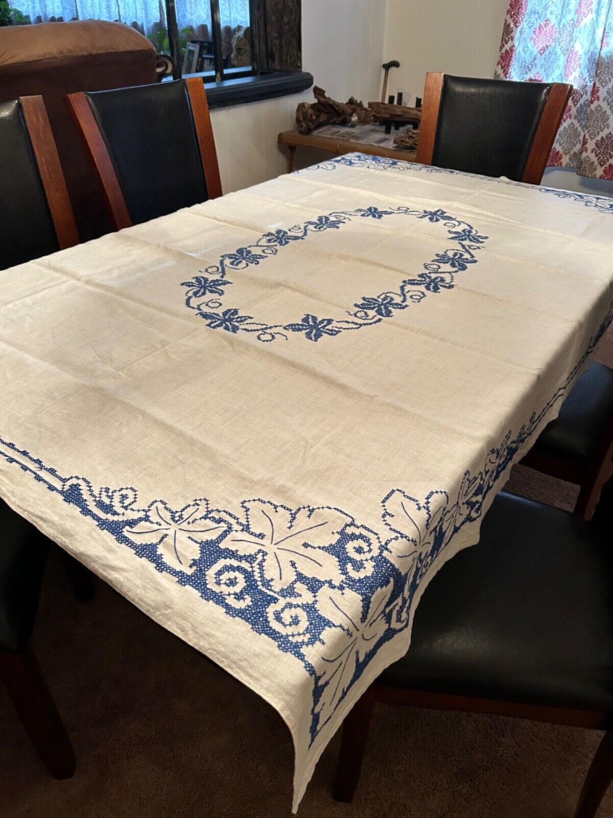 Vintage 58x72 Linen Blue Cross Stitch Tablecloth 