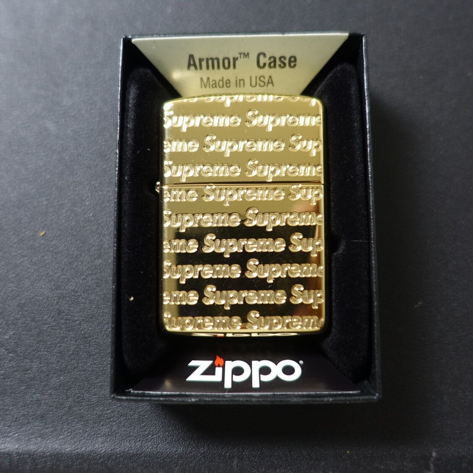Supreme X Zippo Lighter Gold Armor Case Repeat Logo Sold Out Engraved FW22 NEW