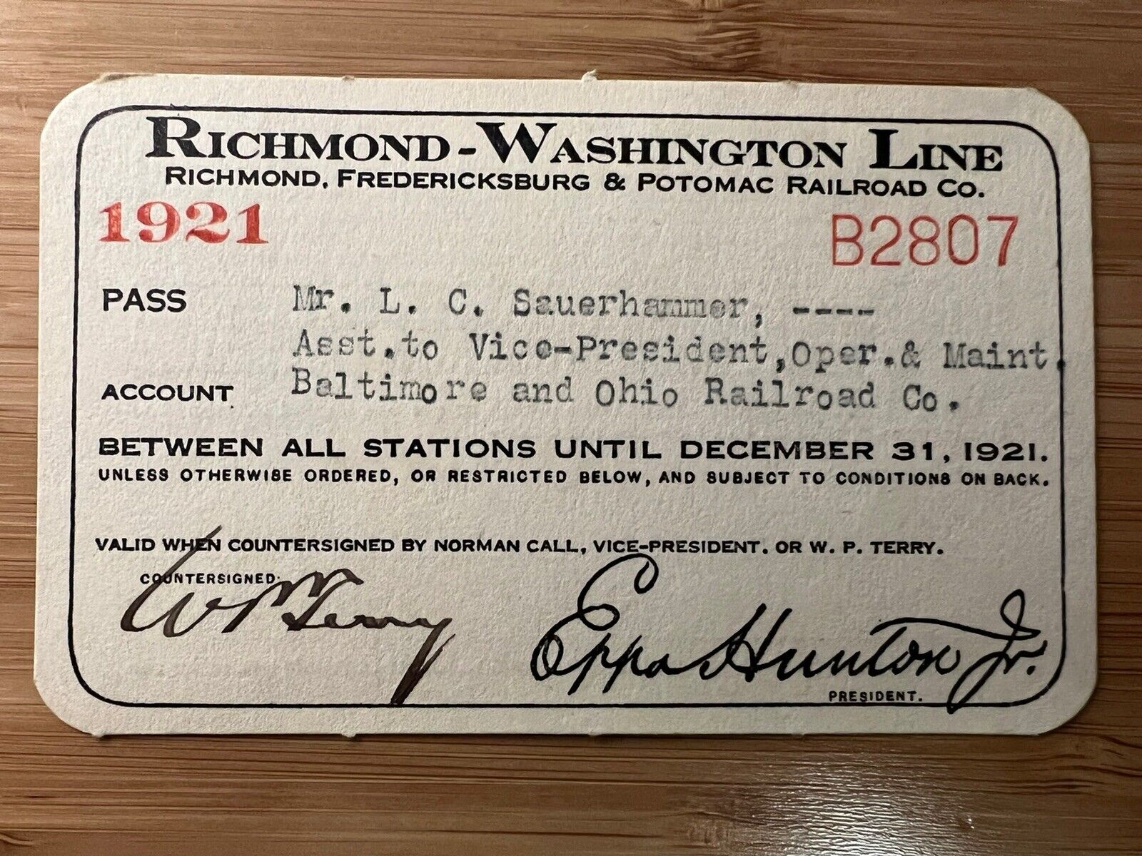 1921 RICHMOND WASHINGTON LINE ANNUAL PASS RICHMOND, FREDERICKSBURG & POTOMAC RR