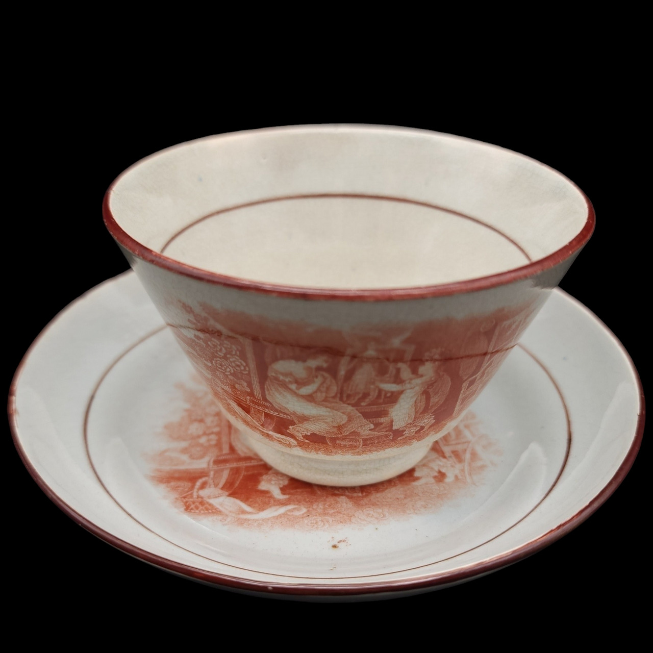 British Bat Print Shepherdess & Sheep Red Pearlware Tea Bowl & Saucer C. 1820