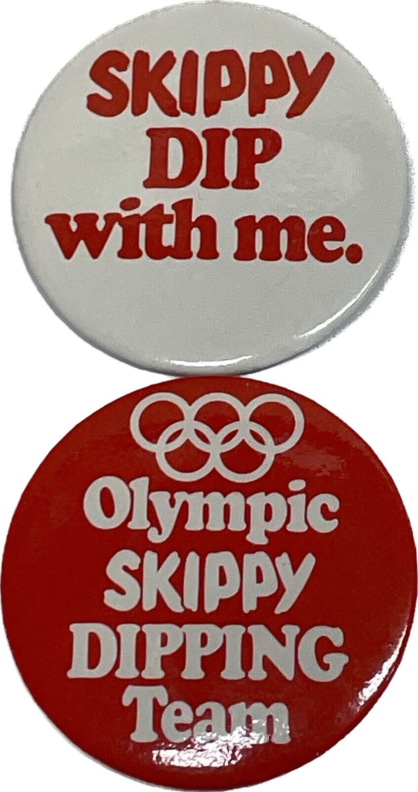 Vtg Olympic Skippy Dipping Dip with Me Peanut Butter Pin Button White RARE ⭐️