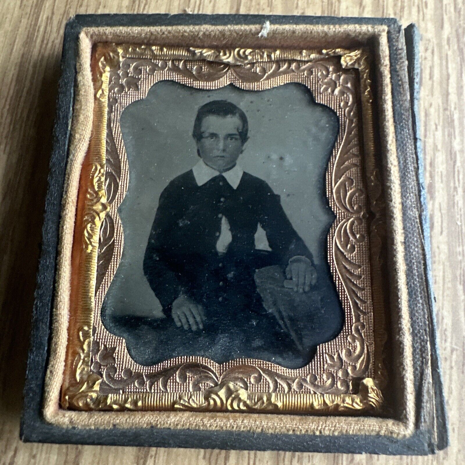 1850-1860s Tintype Small Boy Wonderful Early Child Fashion 1/9th Plate Half Case